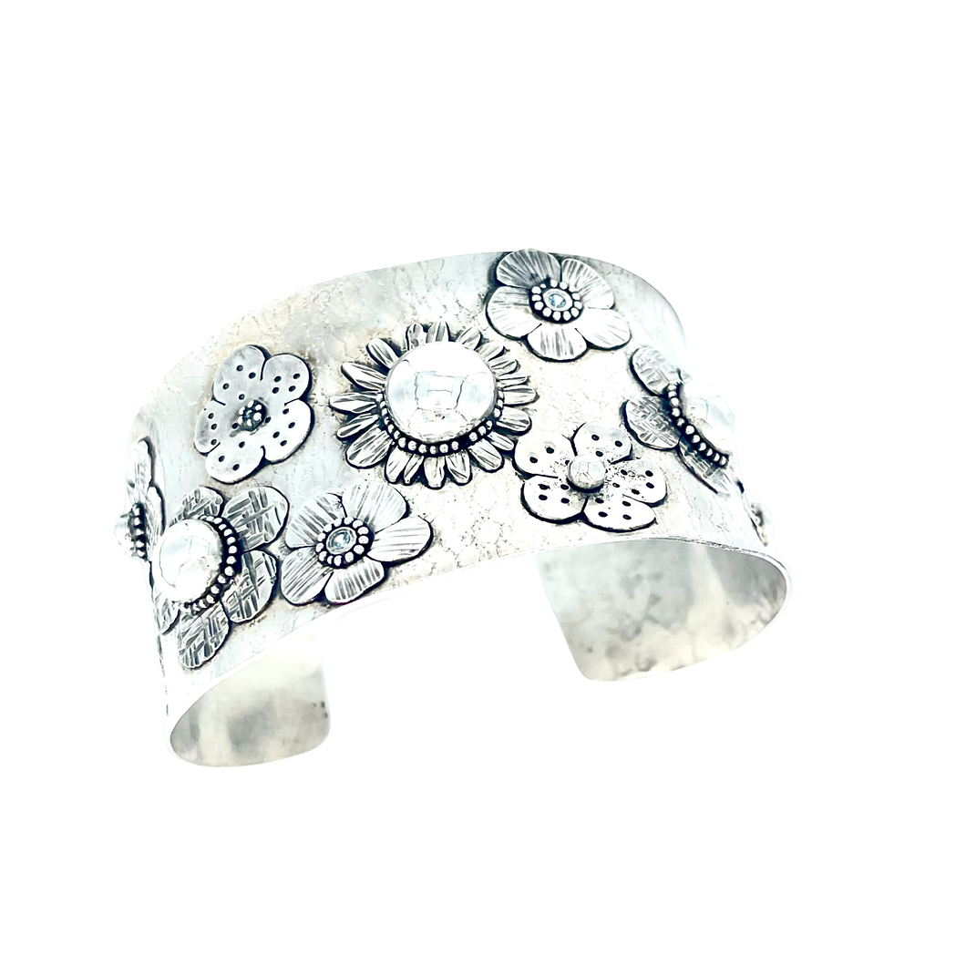 Defiance Collection-Holy Cross Cuff Argentium Bracelet, Blue Zircon