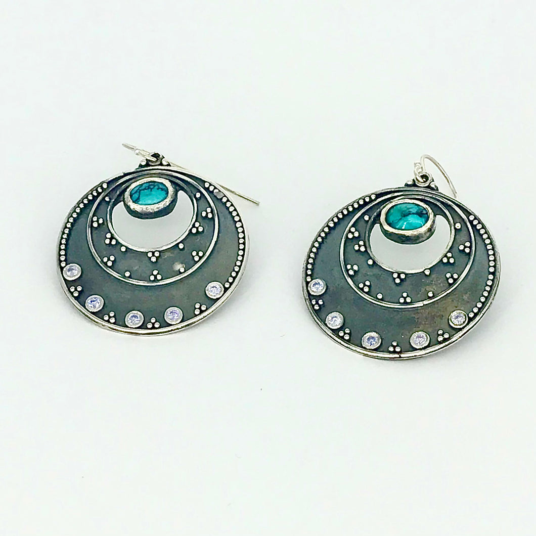 Night Sky Earrings - Argentium Silver, White Topaz, Turquoise