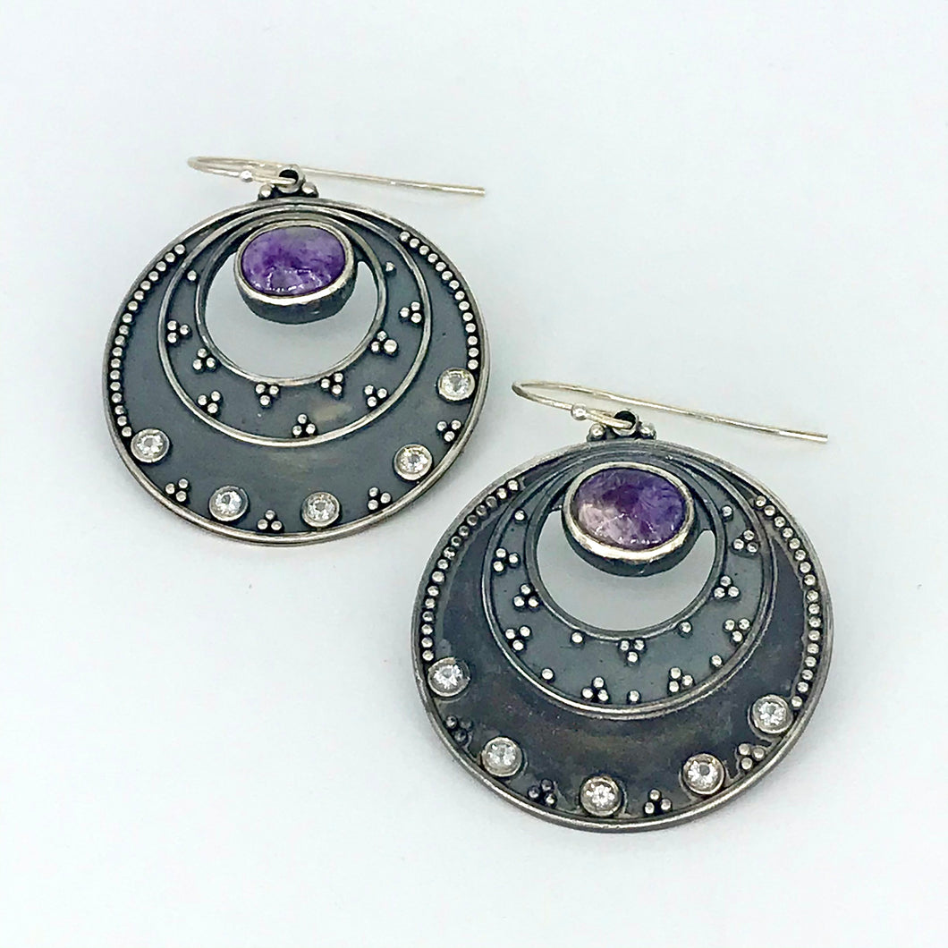 Night Sky Earrings - Argentium Silver, White Topaz, Purple Chaorite