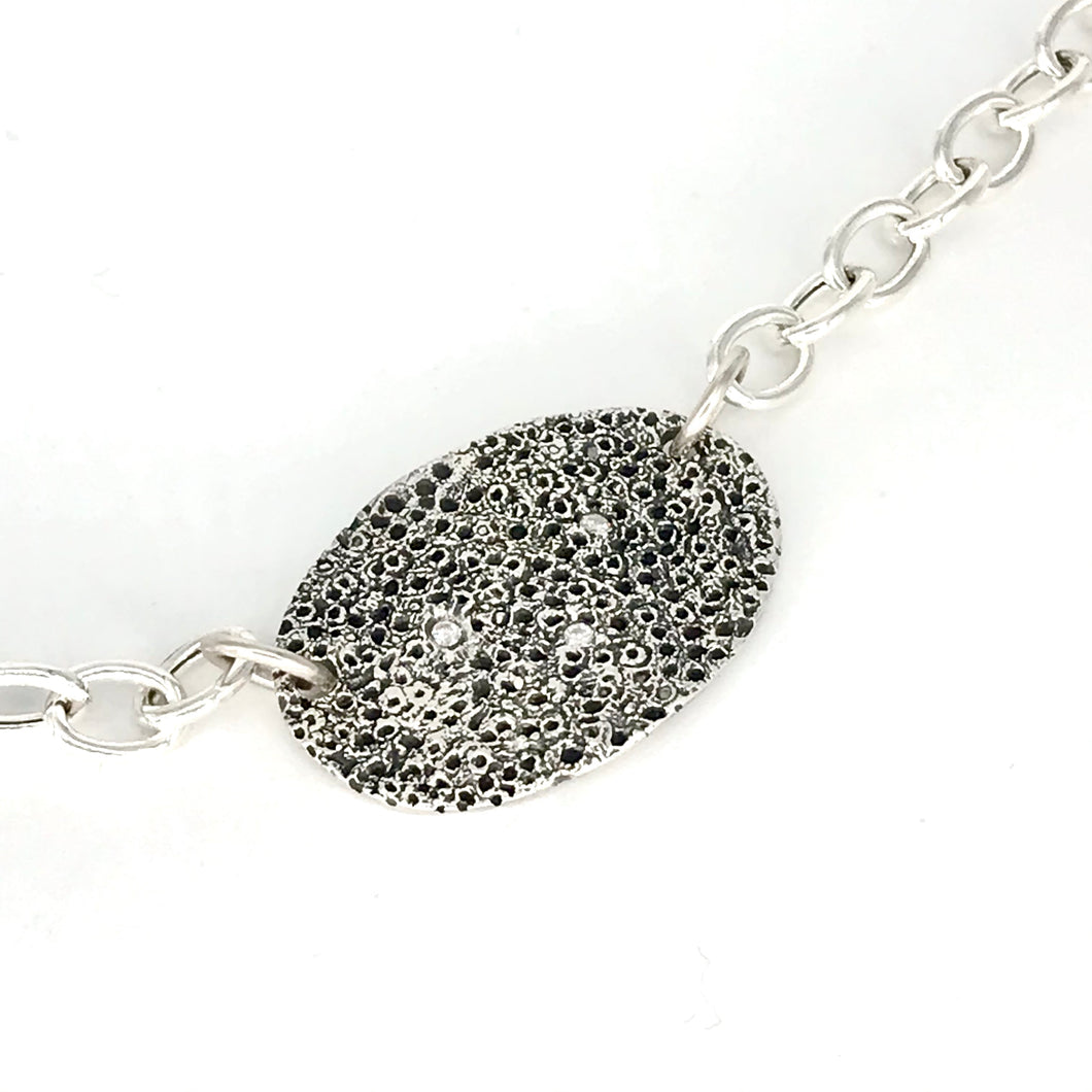 Sea Rock Oval Necklace - .999 Fine Silver, Cubic Zirconia