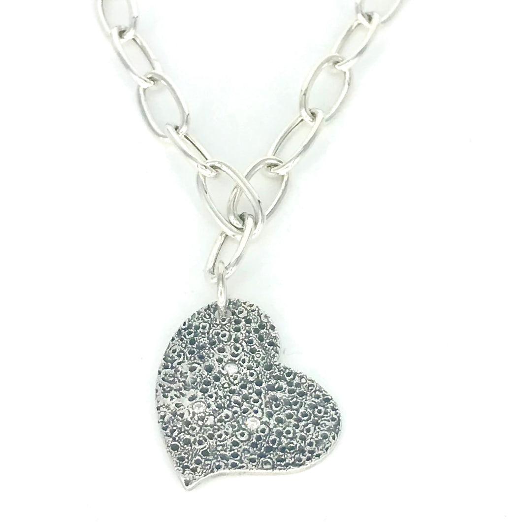 Sea Rock Heart Pendant- .999 Fine Silver, Cubic Zirconia