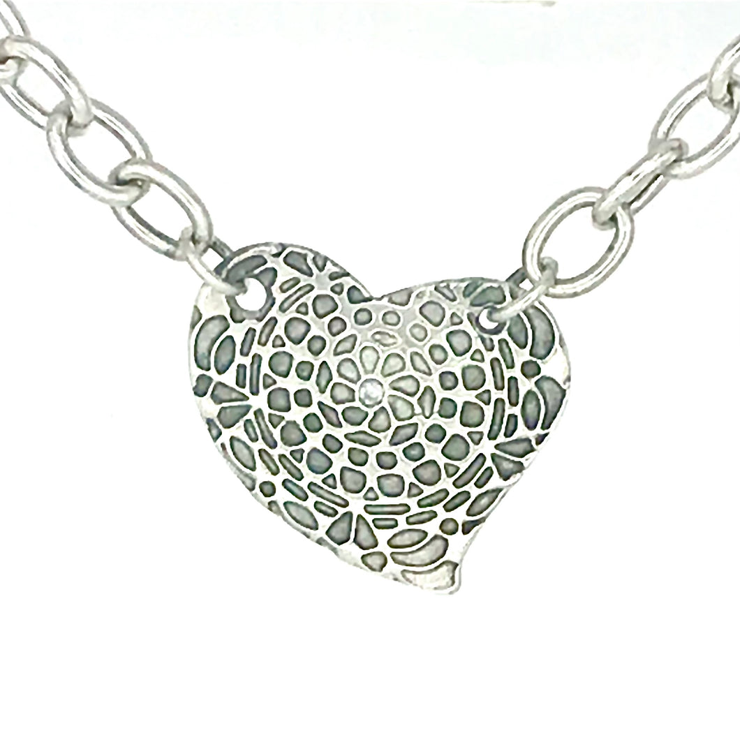 Garden Party Heart Pendant - .999 Fine Silver, Cubic Zirconia